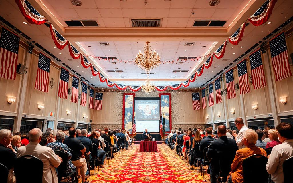 Veterans Wisdom Summit hall decorated with American flags